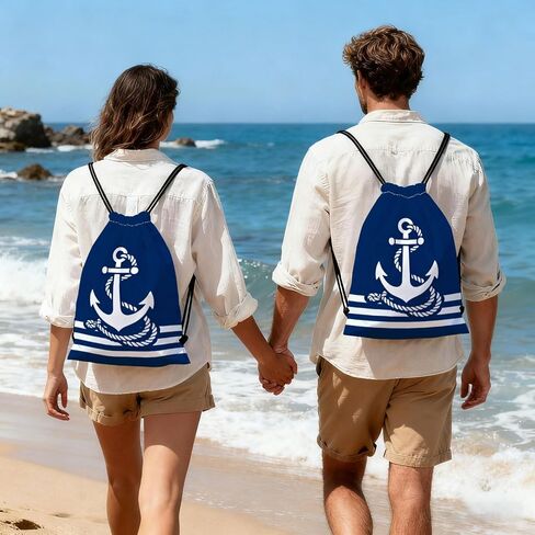 Anchor Drawstring Backpack with Dual-Sided Print, Adjustable Cord & Inner Zipper Pocket - Reusable Gym Beach Drawstring Bag for Men Women -2 in Kuwait