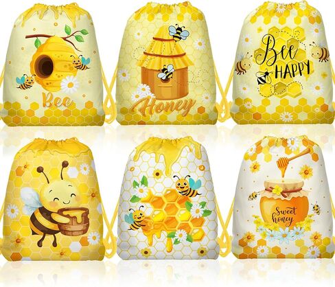 12 Pcs Bee Drawstring Bag Set, Honey-Print Non-Woven Backpacks & Storage Bags, Ideal for Travel, Fitness, and Daily Use, 3 Designs in Saudi Arabia