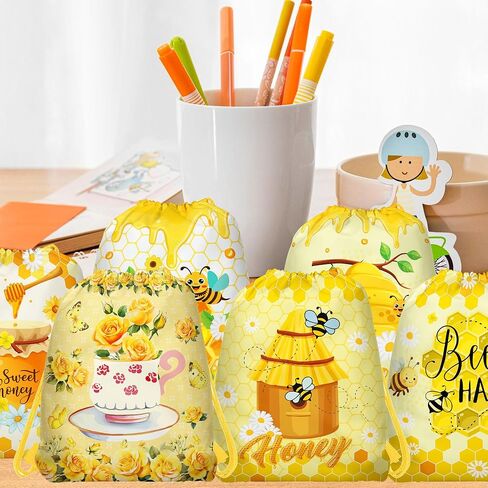 12 Pcs Bee Drawstring Bag Set, Honey-Print Non-Woven Backpacks & Storage Bags, Ideal for Travel, Fitness, and Daily Use, 3 Designs in Saudi Arabia