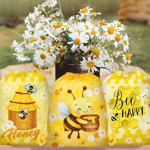 12 Pcs Bee Drawstring Bag Set, Honey-Print Non-Woven Backpacks & Storage Bags, Ideal for Travel, Fitness, and Daily Use, 3 Designs in Saudi Arabia