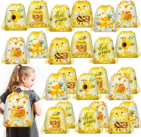 12 Pcs Bee Drawstring Bag Set, Honey-Print Non-Woven Backpacks & Storage Bags, Ideal for Travel, Fitness, and Daily Use, 3 Designs in Saudi Arabia