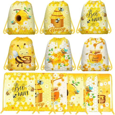 12 Pcs Bee Drawstring Bag Set, Honey-Print Non-Woven Backpacks & Storage Bags, Ideal for Travel, Fitness, and Daily Use, 3 Designs in Saudi Arabia
