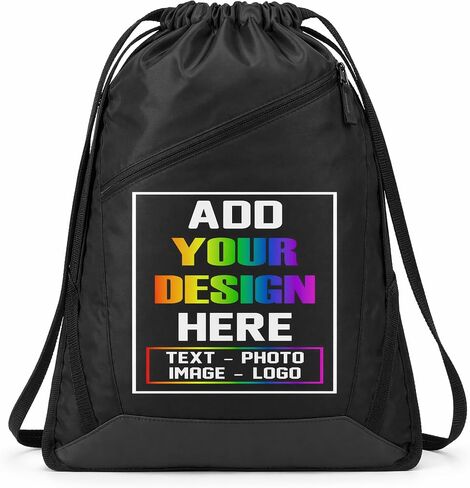 Custom Zipper Personalized Drawstring Backpack with Custom Name, Text, Logo or Uploaded Design (Black) in Saudi Arabia