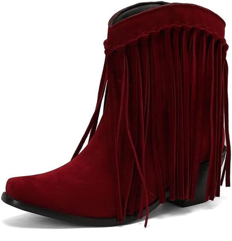 Seborluys Fringe Ankle Cowboy Boots for Women Pull on Fringe Short Cowgirl Booties Western Fringed Tassel Ankle Boots in Kuwait