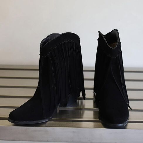 Seborluys Fringe Ankle Cowboy Boots for Women Pull on Fringe Short Cowgirl Booties Western Fringed Tassel Ankle Boots in Kuwait
