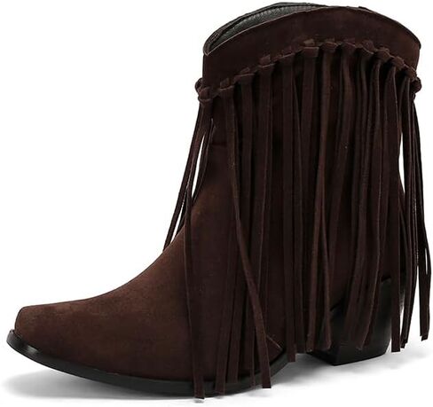 Seborluys Fringe Ankle Cowboy Boots for Women Pull on Fringe Short Cowgirl Booties Western Fringed Tassel Ankle Boots in Kuwait