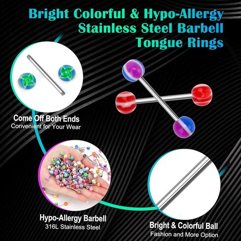 CrazyPiercing 14g Tongue Ring Barbells 150Pcs Wholesale Tongue Rings Assorted Colors for Women Man in Kuwait