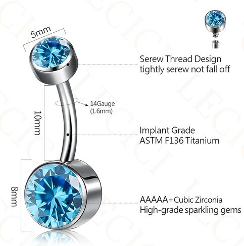 Belly Button Ring 14G Implant-Grade Titanium, 10mm/12mm Internally Threaded, 5mm & 8mm Larger CZ Tops, Sparkle Navel Piercing Jewelry, Available 5 Gemstone Colors in Kuwait