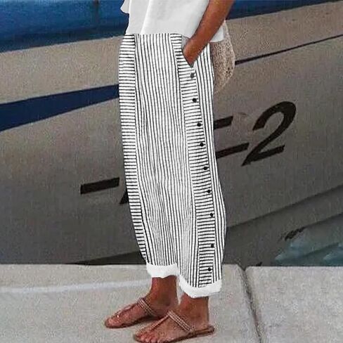 SHAOBGE Striped Linen Pants for Women Side Button Elastic Waist Straight Leg Cropped Pants Lightweight Trousers with Pockets in Saudi Arabia
