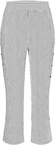 SHAOBGE Striped Linen Pants for Women Side Button Elastic Waist Straight Leg Cropped Pants Lightweight Trousers with Pockets in Saudi Arabia