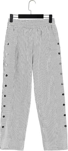 SHAOBGE Striped Linen Pants for Women Side Button Elastic Waist Straight Leg Cropped Pants Lightweight Trousers with Pockets in Saudi Arabia