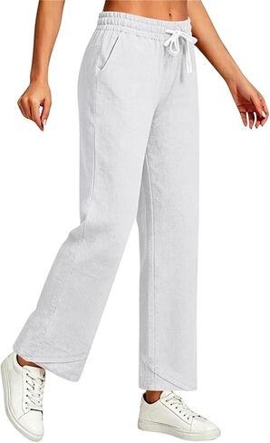 Women's Drawstring Linen Pants Elastic Waist Casual Loose Straight Leg Wide Leg Trousers Pockets Summer Pant 2026 in Kuwait
