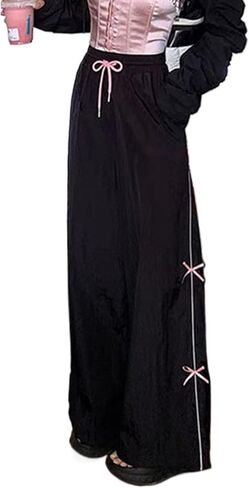 Women's Baggy Pants - Y2K Black Low-Waisted Pink Bow Details Streetwear Track Pants for Women in Saudi Arabia