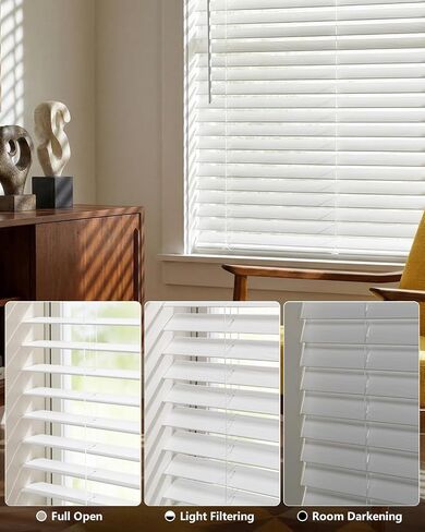 LazBlinds ستائر خشبية صناعية لاسلكية مع ستارة تاج، تعتيم الغرفة والتحكم في الإضاءة، ستائر نافذة أفقية مقاس 2 بوصة، ستائر للنوافذ الداخلية - عرض 47 بوصة × ارتفاع 48 بوصة، أبيض in Kuwait