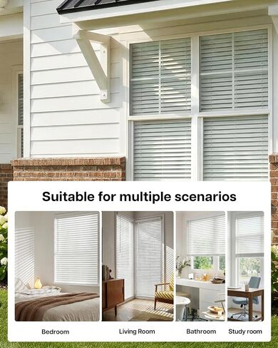 LazBlinds ستائر خشبية صناعية لاسلكية مع ستارة تاج، تعتيم الغرفة والتحكم في الإضاءة، ستائر نافذة أفقية مقاس 2 بوصة، ستائر للنوافذ الداخلية - عرض 47 بوصة × ارتفاع 48 بوصة، أبيض in Kuwait