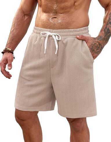 شورت رجالي منسوج مقاس 7 بوصة شورت صيفي للعطلات بخصر مطاطي برباط كاجوال للشاطئ مع جيوب (S-XXL) in Kuwait