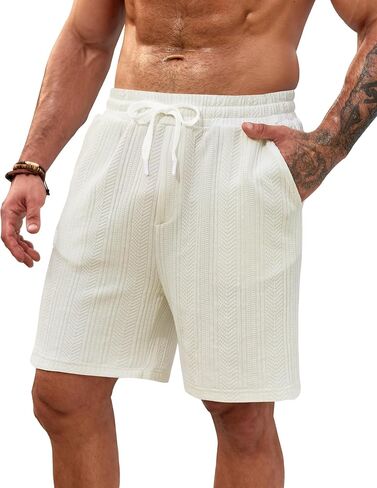 شورت رجالي منسوج مقاس 7 بوصة شورت صيفي للعطلات بخصر مطاطي برباط كاجوال للشاطئ مع جيوب (S-XXL) in Kuwait