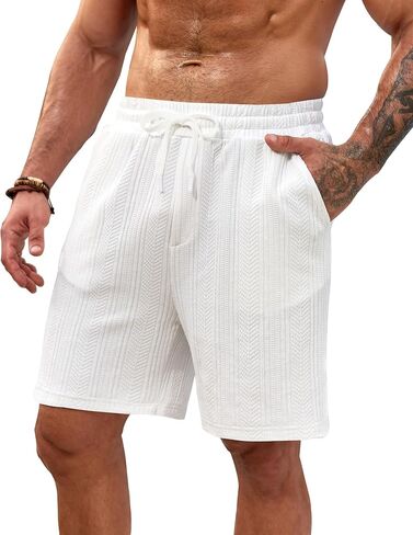 شورت رجالي منسوج مقاس 7 بوصة شورت صيفي للعطلات بخصر مطاطي برباط كاجوال للشاطئ مع جيوب (S-XXL) in Kuwait