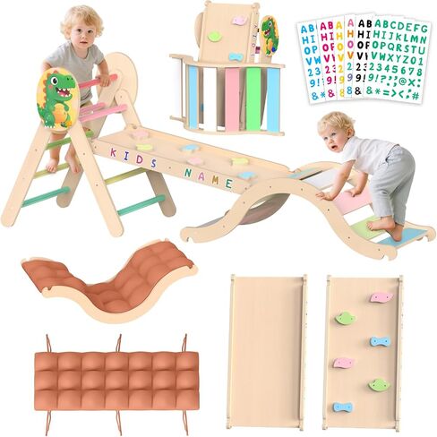 Pikler Triangle Set with Cushion, 8 In 1 Foldable Montessori Toddlers Climbing Toys Set, Pikler Climbing Toys Play Set for Toddlers with Ramp, Arch, Ladder And Cushion, Indoor Playground for Toddlers in Saudi Arabia