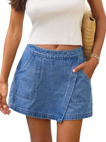 CUPSHE Jean Skorts for Woman High Waisted Denim Wrap Skirt with Shorts Trendy Mini Skort with Pocket in Kuwait