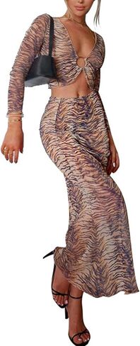 Wuitrie Women's Sexy 2 Piece Outfits Tiger Print Circular Ring Crup Top and Maxi Bodycon Skirt Going Out Shopping Sets in Kuwait