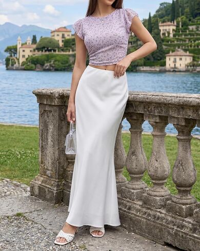 Women's Satin Maxi Skirt High Waisted Silk Long White Polka Dot Skirts Casual Elegant Outfits for Women in Saudi Arabia