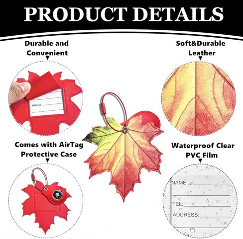 1 PCS Cute Leather Luggage Tag Holder Case Compatible with AirTag,Hidden Compartment for Travel Suitcase Tracking Case with Stainless Steel Loop,Name ID Label(Maple Leaf A) in Saudi Arabia