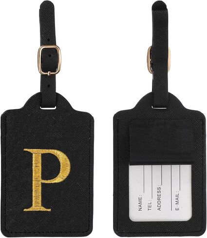 Leather Letter Luggage Tags, Cute Personalized Initial Luggage Tags with Privacy Name Card, Black(P) & 2Pcs, for (Women Girls/Travel Essentials/Suitcase/Backpack ID Identifier) in Kuwait