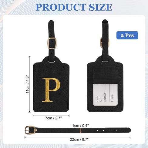 Leather Letter Luggage Tags, Cute Personalized Initial Luggage Tags with Privacy Name Card, Black(P) & 2Pcs, for (Women Girls/Travel Essentials/Suitcase/Backpack ID Identifier) in Kuwait