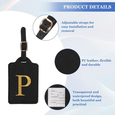 Leather Letter Luggage Tags, Cute Personalized Initial Luggage Tags with Privacy Name Card, Black(P) & 2Pcs, for (Women Girls/Travel Essentials/Suitcase/Backpack ID Identifier) in Kuwait