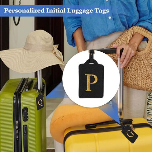 Leather Letter Luggage Tags, Cute Personalized Initial Luggage Tags with Privacy Name Card, Black(P) & 2Pcs, for (Women Girls/Travel Essentials/Suitcase/Backpack ID Identifier) in Kuwait