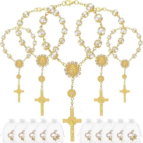 18 Sets Gold/Silver Mini Rosary Bracelet Bulk, Rosarios Catolicos Baptism Favors for Guests, Recuerdos De Bautizo Small Rosary Beads Organza Bags, Christening Communion Weddings Baptism Party Favors in Saudi Arabia