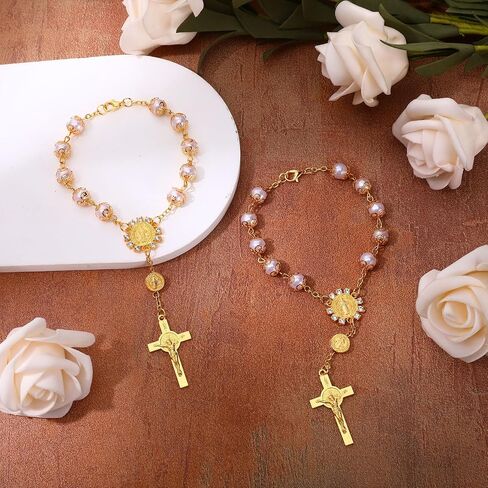 18 Sets Gold/Silver Mini Rosary Bracelet Bulk, Rosarios Catolicos Baptism Favors for Guests, Recuerdos De Bautizo Small Rosary Beads Organza Bags, Christening Communion Weddings Baptism Party Favors in Saudi Arabia