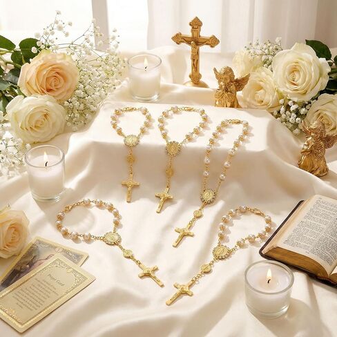 18 Sets Gold/Silver Mini Rosary Bracelet Bulk, Rosarios Catolicos Baptism Favors for Guests, Recuerdos De Bautizo Small Rosary Beads Organza Bags, Christening Communion Weddings Baptism Party Favors in Saudi Arabia