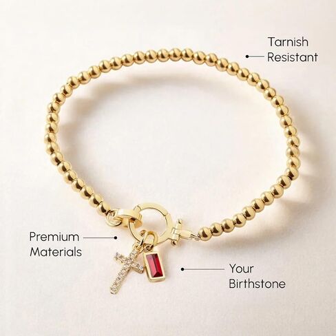 Mint & Lily Cross Charm Birthstone Bracelet for Women | 18K Gold Beaded Stretch Bracelet, Waterproof, Tarnish Resistant, Stainless Steel | Faith Jewelry Gift, Birthday | June Alexandrite, 7" in Saudi Arabia