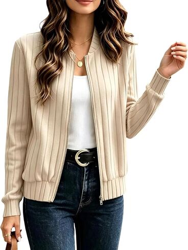 Ribbed Zip Up Jacket for Women Long Sleeve Fall Tops Lightweight Spring Coat Casual Trendy Jackets No Hood in Kuwait