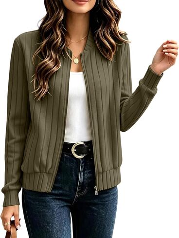 Ribbed Zip Up Jacket for Women Long Sleeve Fall Tops Lightweight Spring Coat Casual Trendy Jackets No Hood in Kuwait