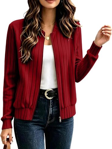 Ribbed Zip Up Jacket for Women Long Sleeve Fall Tops Lightweight Spring Coat Casual Trendy Jackets No Hood in Kuwait