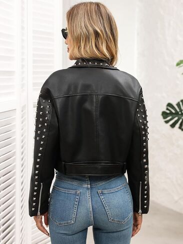LY VAREY LIN Women's Rivet Studded Faux Leather Cropped Moto PU Jacket Punk Streetwear Coat in Kuwait