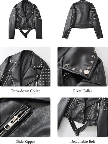 LY VAREY LIN Women's Rivet Studded Faux Leather Cropped Moto PU Jacket Punk Streetwear Coat in Kuwait