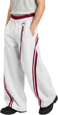 Vamtac Baggy Sweatpants Men Y2K Stripes Wide Leg Double Elastic Waistband Barrel Pants Loose Lounger with Pockets in Kuwait