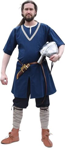 Battle-Merchant Medieval Tunic Ailrik for Men – Short Sleeve Cotton Viking LARP Reenactment Costume with Trim in Saudi Arabia