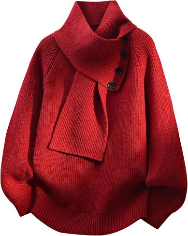Men's V Neck Sweater with Removable Scarf Collar Loose Fit Solid Color High Neck Knit Pullover in Saudi Arabia