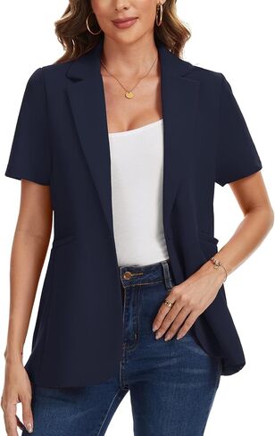 Women Short Sleeve Blazer Business Casual Notched Lapel Button Front Jacket Work Office Blazers with Pockets in Kuwait
