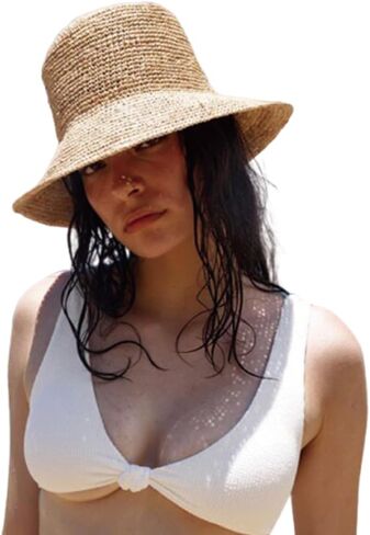 Women's Raffia Straw Bucket Hat Natural Raffia Beach Hat Handmade Woven Foldable Sun Hats Summer Travel Cap in Saudi Arabia