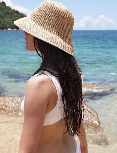 Women's Raffia Straw Bucket Hat Natural Raffia Beach Hat Handmade Woven Foldable Sun Hats Summer Travel Cap in Saudi Arabia