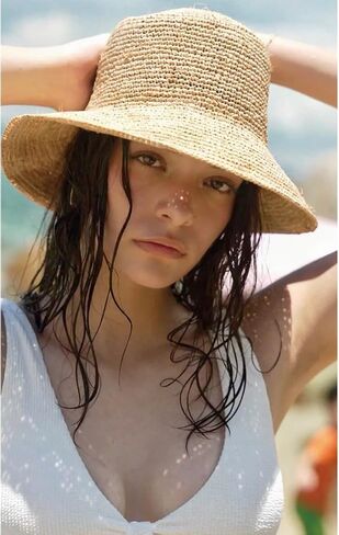 Women's Raffia Straw Bucket Hat Natural Raffia Beach Hat Handmade Woven Foldable Sun Hats Summer Travel Cap in Saudi Arabia