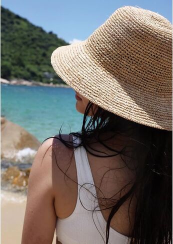 Women's Raffia Straw Bucket Hat Natural Raffia Beach Hat Handmade Woven Foldable Sun Hats Summer Travel Cap in Saudi Arabia