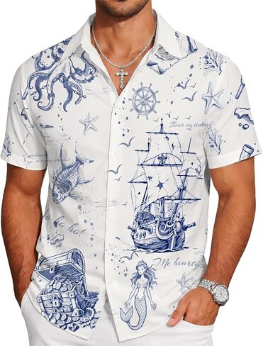 Men's Hawaiian Shirts, Novelty Patterned Button Down Casual Shirts, Summer Beach Theme Party Short Sleeve Shirts in Saudi Arabia
