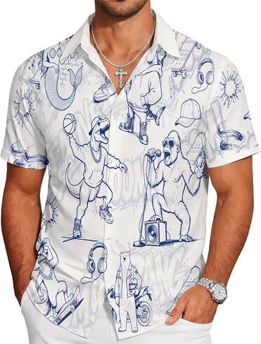 Men's Hawaiian Shirts, Novelty Patterned Button Down Casual Shirts, Summer Beach Theme Party Short Sleeve Shirts in Saudi Arabia
